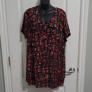 #057 Penningtons Geometric Red & Black Layered Mesh Overlay Blouse Sz 3X
